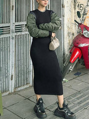 Ribbed Knit Patchwork Casual Dress