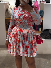 Print Long Sleeve Cross Top Pleated Skirt Two Piece Set