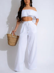 Sexy Off-Shoulder Crop Top And Elastic Waist Pants Set