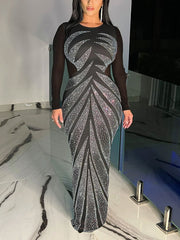 Rhinestone Mesh See Through Nightclub Party Maxi Dress