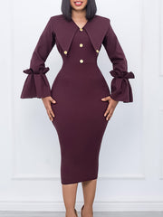 V Neck Long Sleeve Cocktail Party Midi Dress