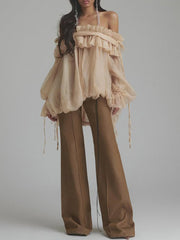 Fashion Off Shoulder Mesh Ruffle Tops