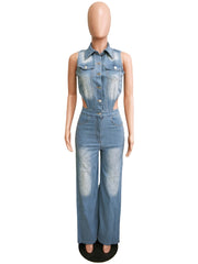 Fashion Hollow-out Side Slit Denim Jumpsuit