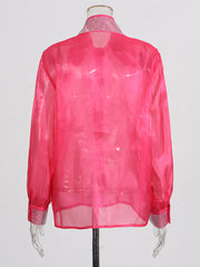 Turn-down Collar Rhinestone Sheer Loose Casual Shirt