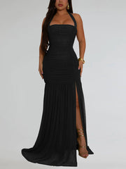 Sexy Mesh Halter Neck Backless Maxi Dress