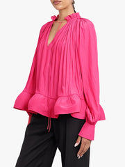 Fashion V Neck Ruffle Mesh Long Sleeve Top