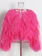 Sheer Chiffon Layered Ruffle Round Neck Cropped Blouse