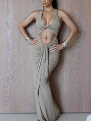 U-Neckline Twist Strap Low Waist Ruched Fishtail Dress