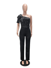 Elegant One Shoulder Rhinestone Wide Leg Jumpsuit