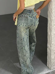Fashion Snake Print Straight Leg Casual Jeans