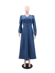 Fashion V Neck Solid Single Breasted Slim Casual Dress