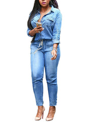 Fashion Bandage Slim Denim Jumpsuit