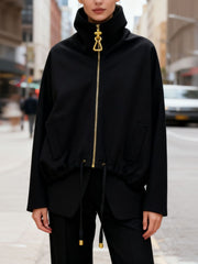 Fashion Patchwork Zipper Drawstring Jacket