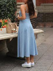 Sleeveless Suspender Pleated Back Denim Midi Dress