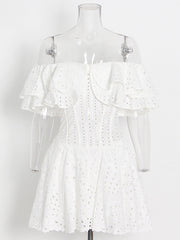 Off Shoulder Embroidered Layered Ruffle Mini Dress