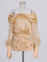 Elegant Crystal-embellished Bubble Sleeves Mini Dress