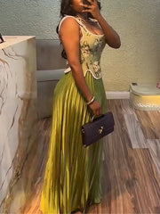 Fashion Cinched Waist Top Pleated Long Skirt Sets