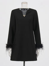 Fashion V Neck Long Sleeve Feather Mini Loose Dress