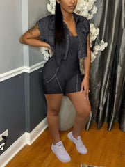 Casual Pocket Patchwork Lapel Romper Two Pieces Set