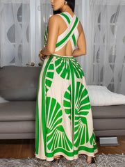Fashion Deep V Print Sleeveless Bandage Maxi Dress