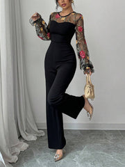 Floral Embroidery Patchwork Lantern Sleeve Jumpsuit