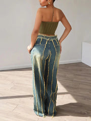 Fashion Frayed Trim Vintage Wash Jeans