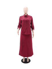 Casual Button Shirt High Waist Skirt Two Piece Set