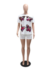 Round Neck Sequin Butterfly T-shirt Shorts Casual Set