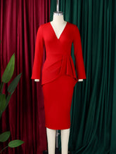 Fashion V Neck Ruched Slim Office Midi Dress