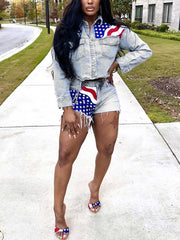 USA Flag Patch Denim Jacket Shorts Two Piece Set