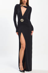 Sexy V Neck Ruched High Split Maxi Dress