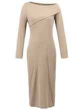 Solid Color Off Shoulder Long Sleeve Split Midi Dress