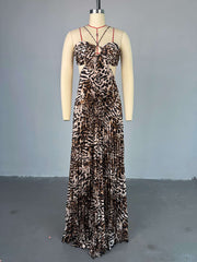 Elegant Print Hollow out Lace-up Ruched Maxi Dress