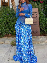 Sexy Print Sheer Mesh Patchwork Maxi Dress