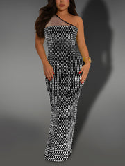 Sexy Mesh Patchwork Rhinestone Slash-Shoulder Dress