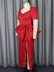 V Neck Short Sleeves High Slit Large Bowtie Dress