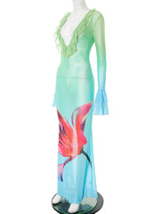 Sexy V Neck Ruffle Print Fitted Maxi Dress