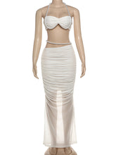 Sexy Pearl Embellishment Halter Tops Long Skirt Sets