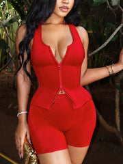 Sexy Sleeveless Zipper Vest Tight Shorts Sports Set