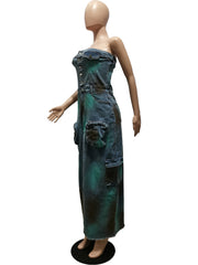 Sexy Strapless Tie-Dye Multi-Pocket Denim Dress