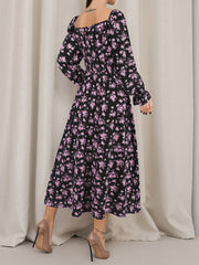 Square Neck Tie-up Long Sleeve Floral Midi Dress