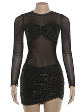 Sheer Mesh Long Sleeve Sequin Mini Dress
