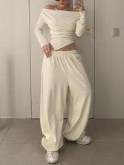 Off Shoulder Top And Ruched Wide Leg Trousers Sets