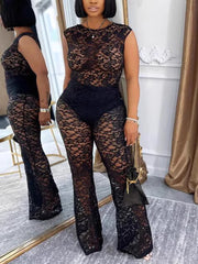 Sexy Lace See Through Bodysuit Fitted Pant Sets