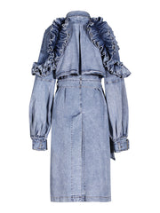 Casual Ruffled Denim Trench Coat