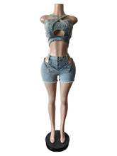 Fashion Hollow Out Bandage Denim Vest And Shorts Sets