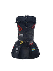 Sexy Wrap Chest Embroidery Denim Tube Pleated Skirt Set