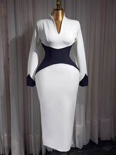 Elegant V Neck Contrast Color Cinched Waist Dress