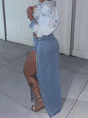 Sexy Lace-Up High Slit Denim Maxi Skirt