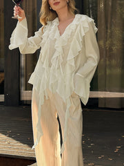 Elegant V-Neck Ruffle Lace-Up Chiffon Shirt Top